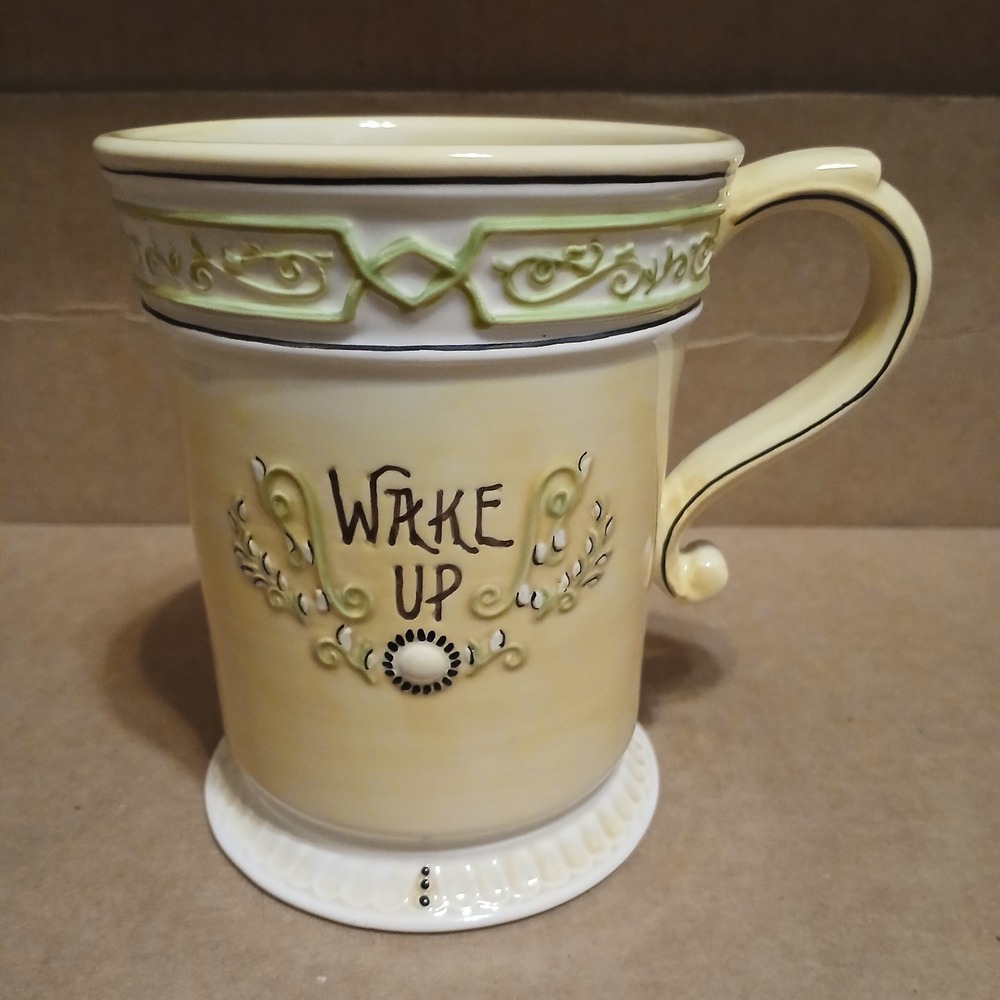 Amscan Inc Coffee Mug Cup "Wake Up" Yellow Antique Design